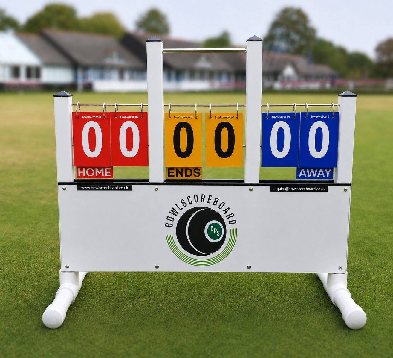 BowlScoreboard White Knight scoreboard standing on a bowls green